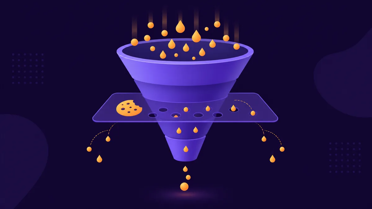 Funnel of falling drops passing a cookie consent layer, with some drops diverted around it
