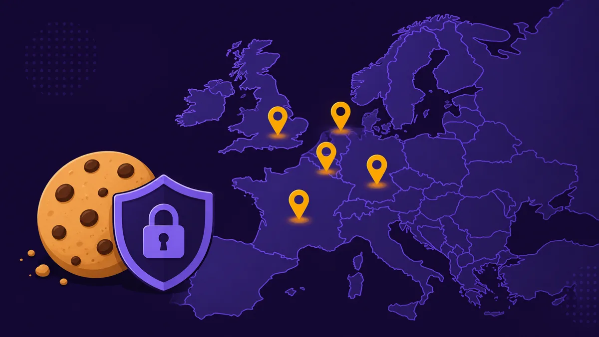 Map of Europe with location pins across countries and a cookie guarded by a shield with a lock