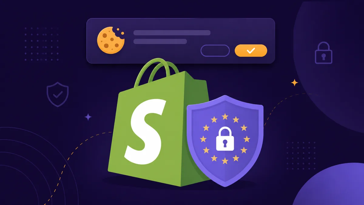Shopify shopping bag with an EU shield lock and a cookie consent banner above it