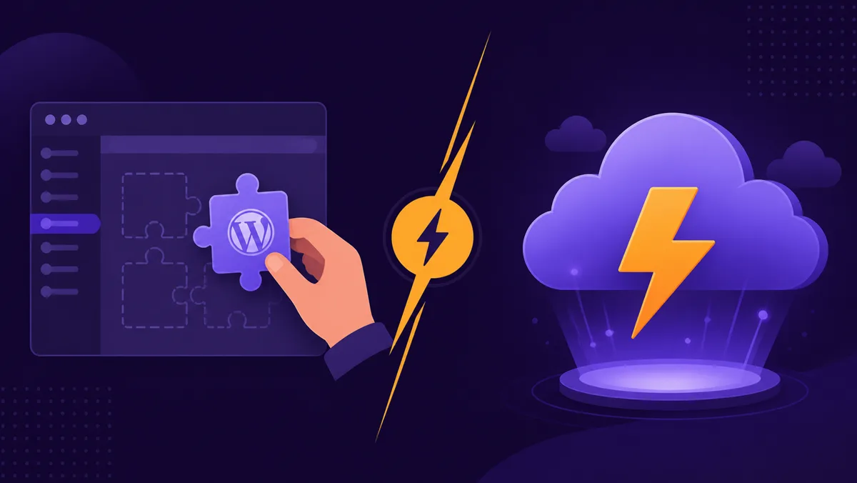 Hand fitting a WordPress puzzle piece into an admin screen versus a glowing cloud with a lightning bolt