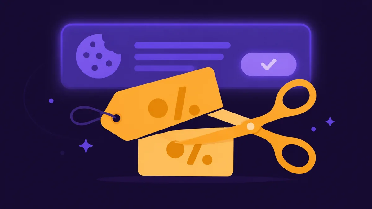 Scissors cutting a percent-marked price tag in front of a cookie consent banner
