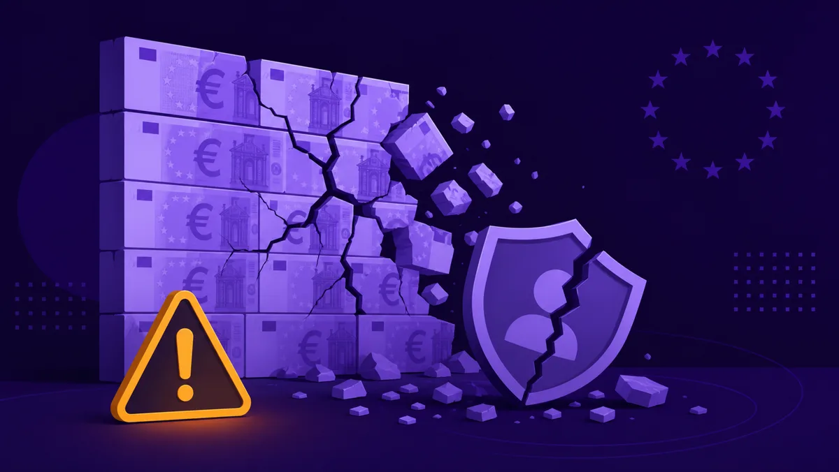 Cracked wall of euro banknotes crumbling beside a broken shield and a warning sign