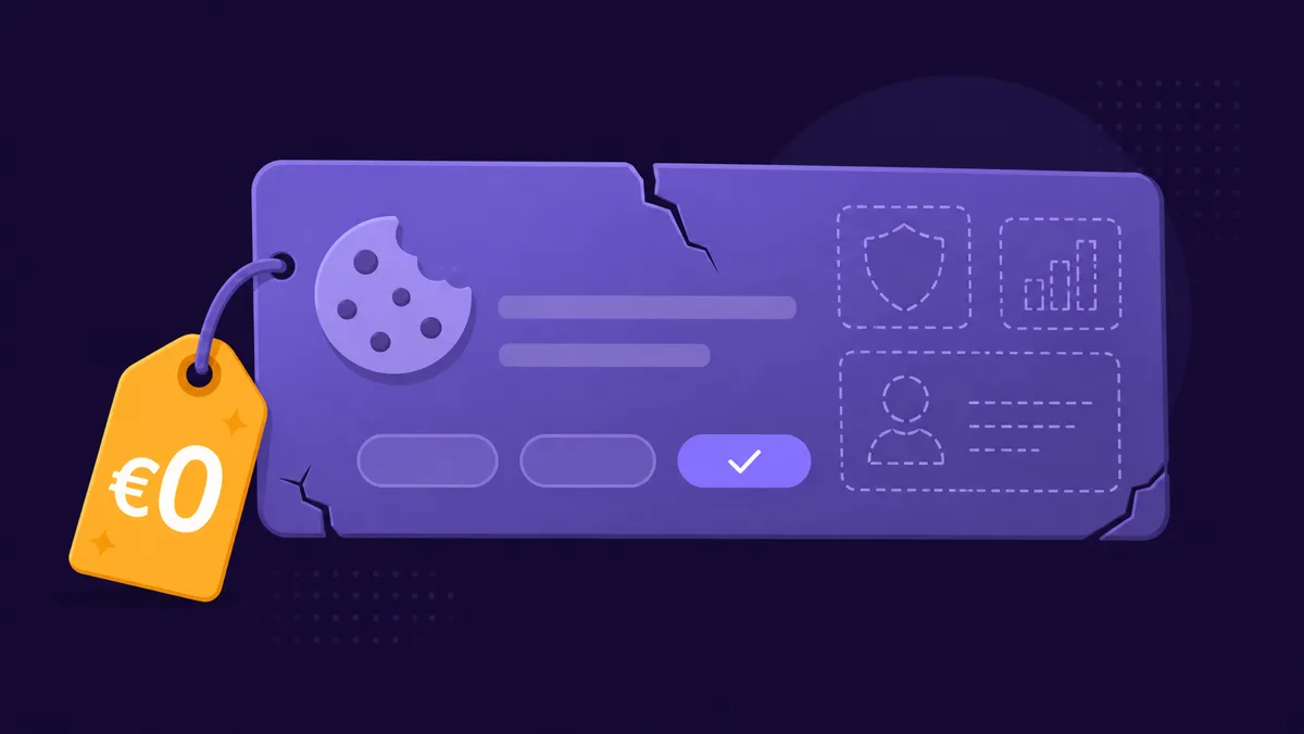 Cracked cookie banner with a zero-euro price tag and premium features shown as dashed outlines