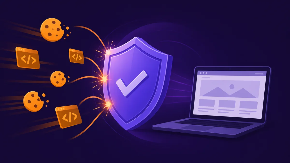 Shield with a checkmark deflecting incoming cookies and scripts before they reach a laptop