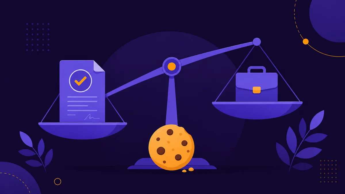 Balance scale weighing a signed consent document against a business briefcase, pivoting on a cookie