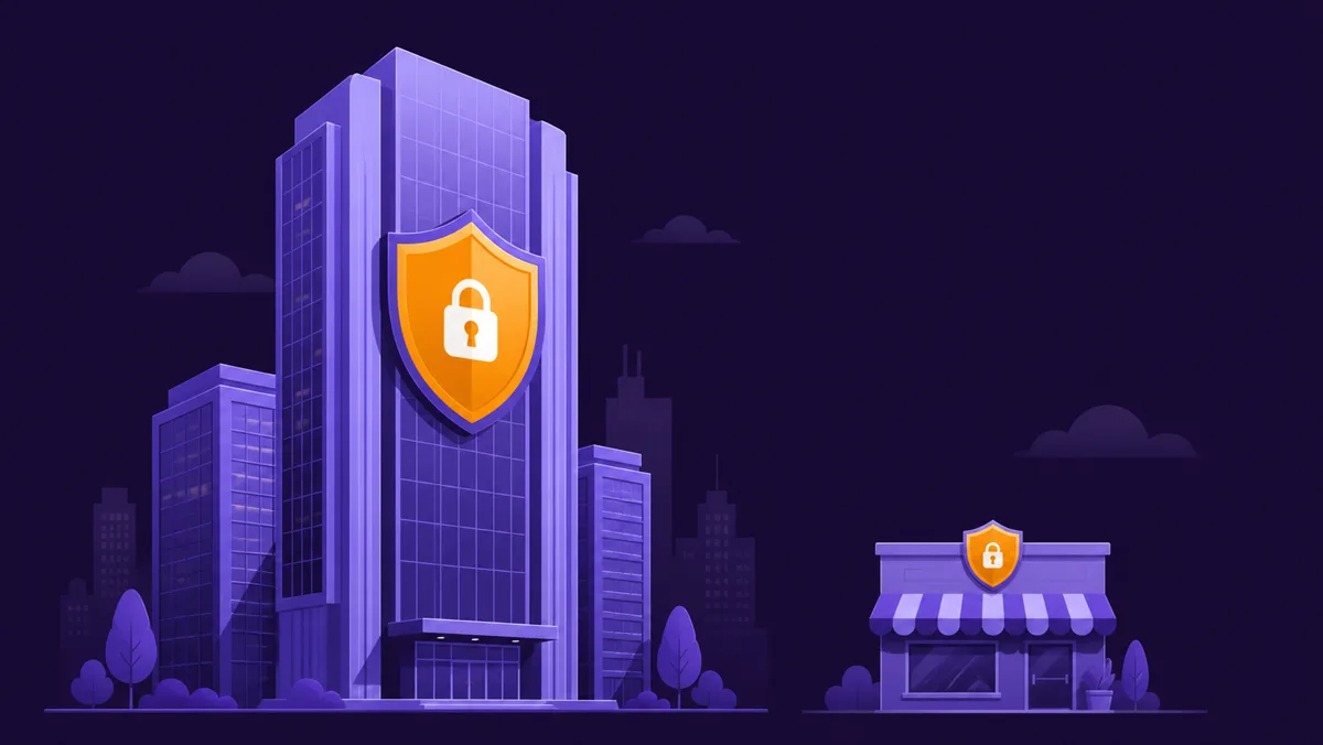 Large corporate tower with a shield beside a small storefront carrying the same shield, equally protected