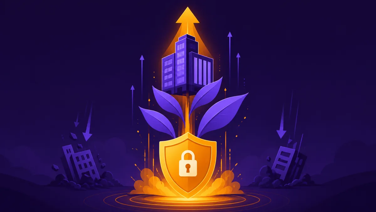 Golden shield with a lock powering a growing business upward while competitors fall behind