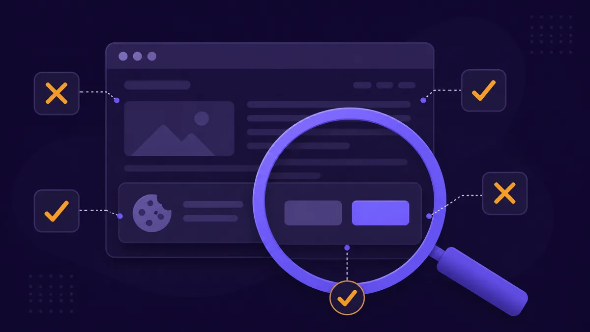 Magnifying glass inspecting a cookie banner on a website with pass and fail marks around it