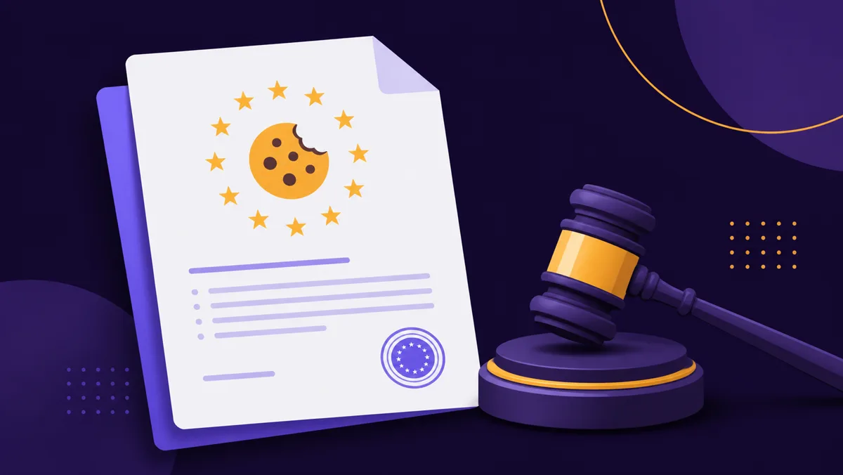 EU legal document bearing a bitten cookie ringed by gold stars, beside a judge's gavel