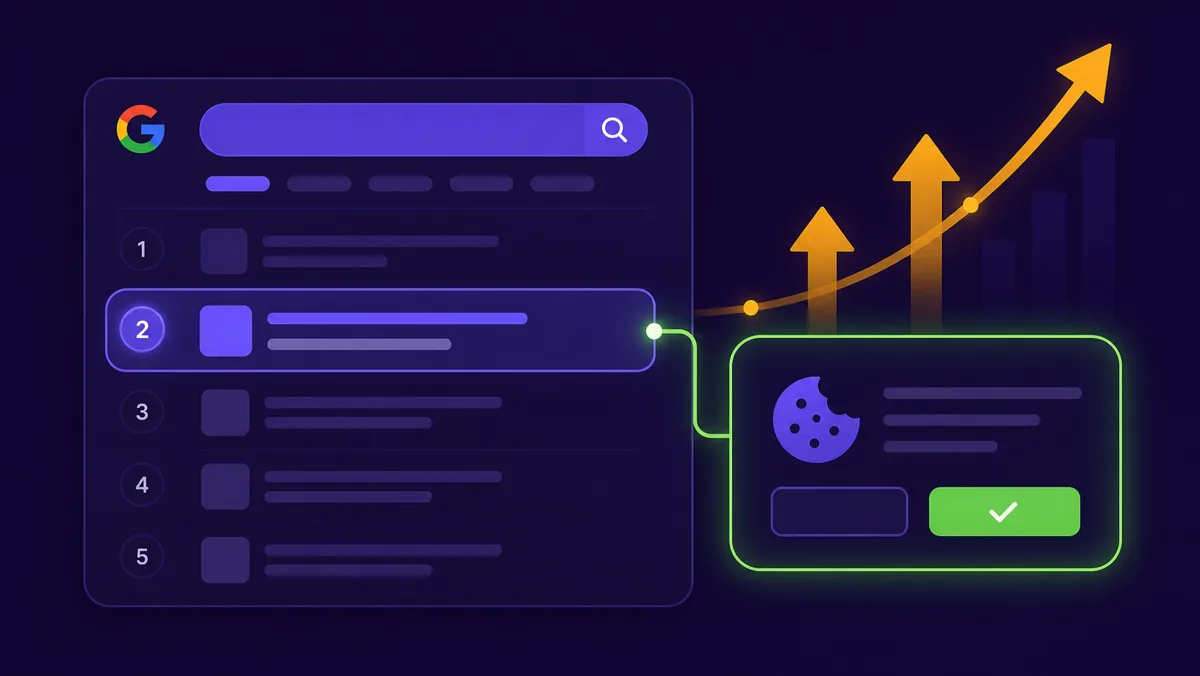 Search results and Core Web Vitals charts beside a cookie consent panel